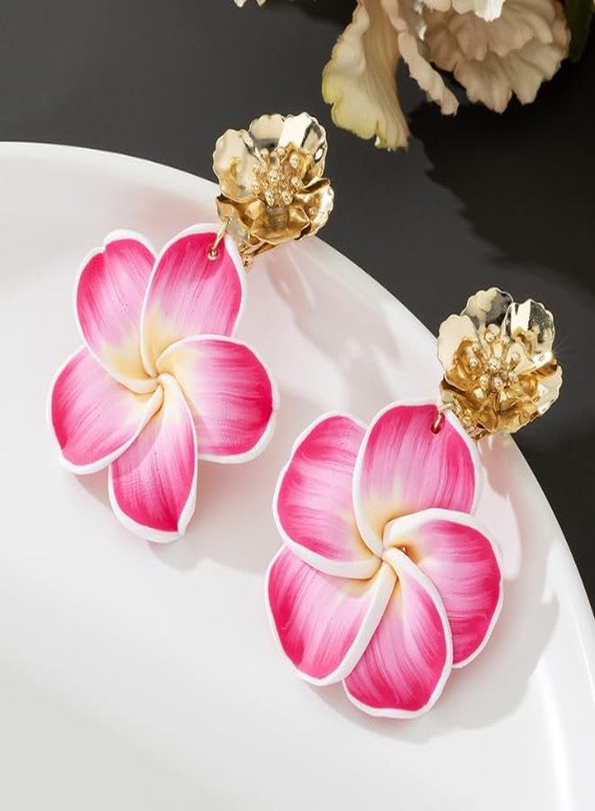 ZENCHEER Pink Flower Earrings for Women,Gold Plated Floral Drop Dangle Earrings Statement Beach Party Vacation Hawaiian Style Jewelry Gift (White Pink) - Image 5